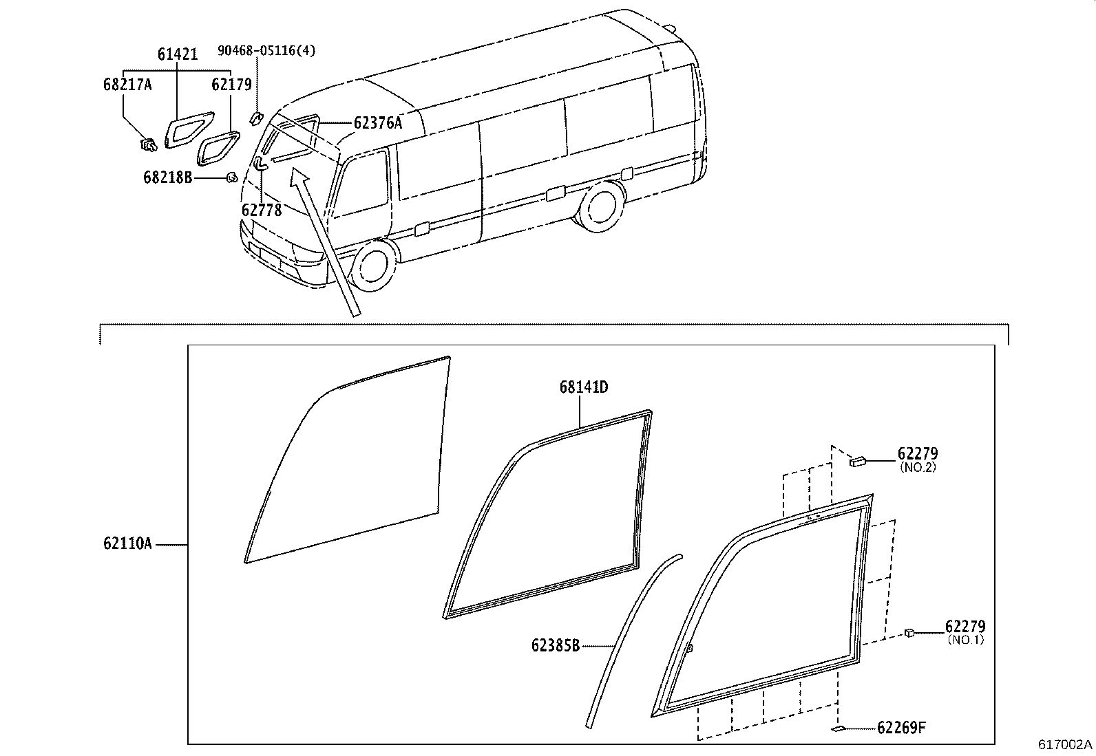 62071-0S070 GLASS SUB-ASSY, SIDE FRONT WINDOW, RH product image
