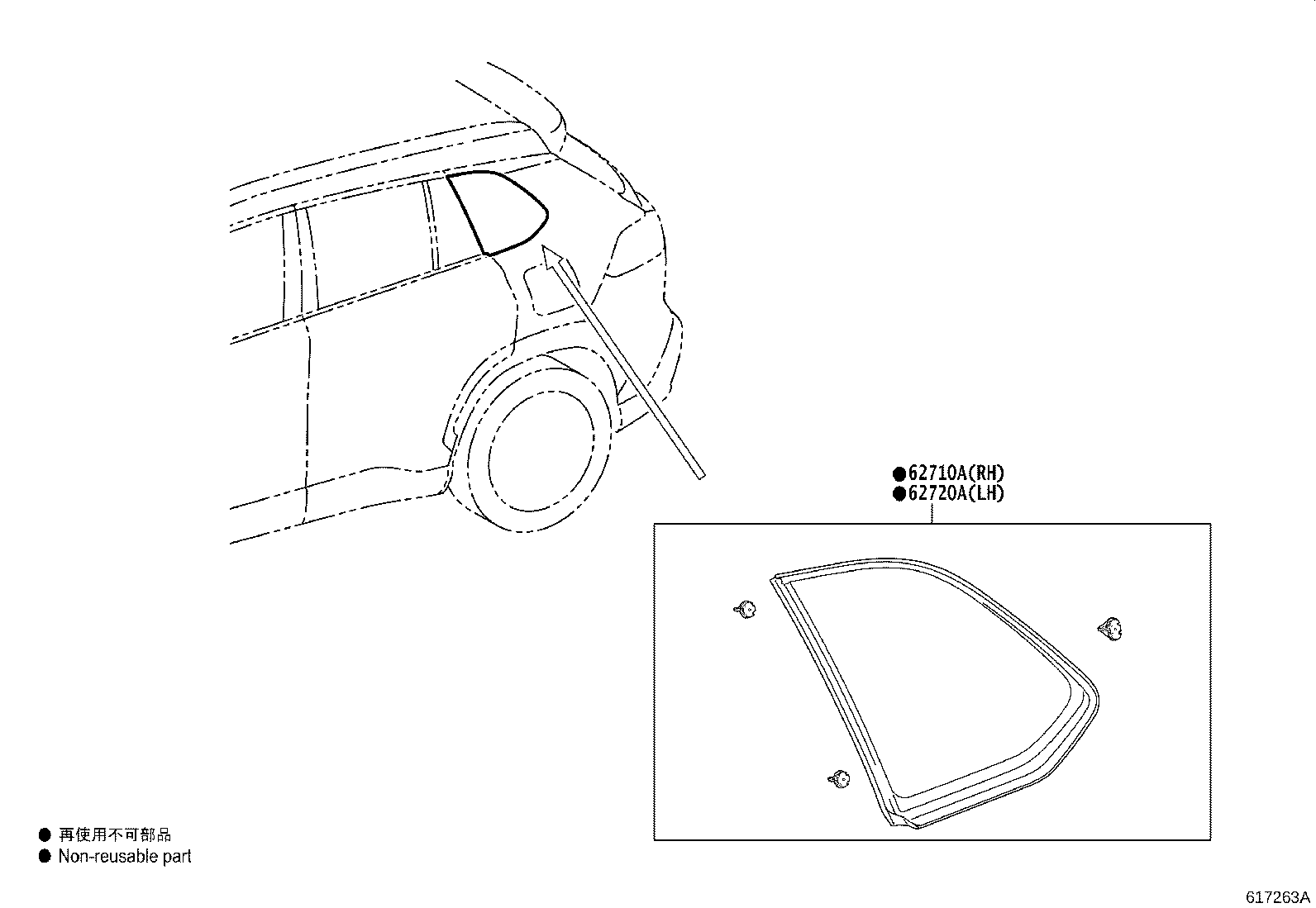 62720-0A070 WINDOW ASSY, QUARTER, LH product image