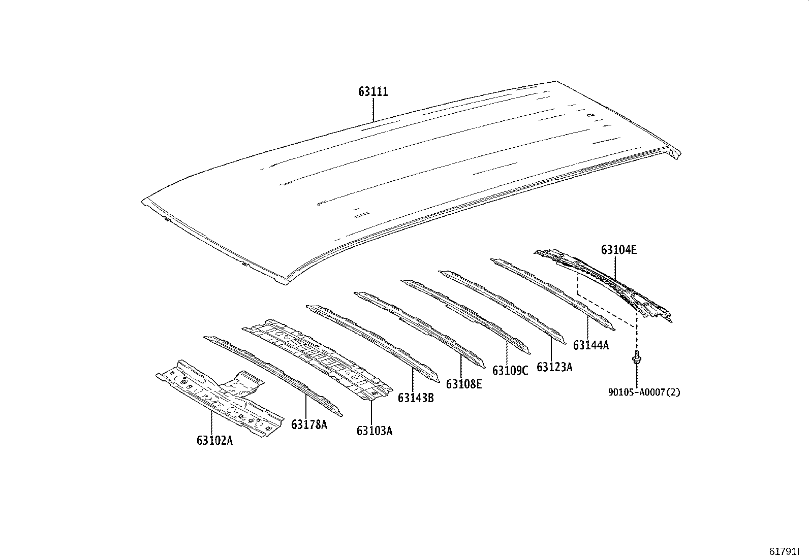 63104-0E130 REINFORCEMENT SUB-ASSY, ROOF PANEL, REAR product image