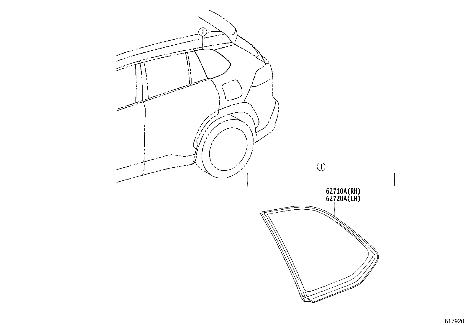 62720-0A011 WINDOW ASSY, QUARTER, LH product image