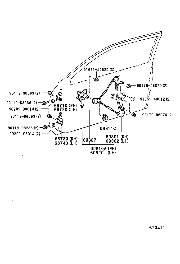 69801-12130 REGULATOR SUB-ASSY, FRONT DOOR WINDOW, RH product image