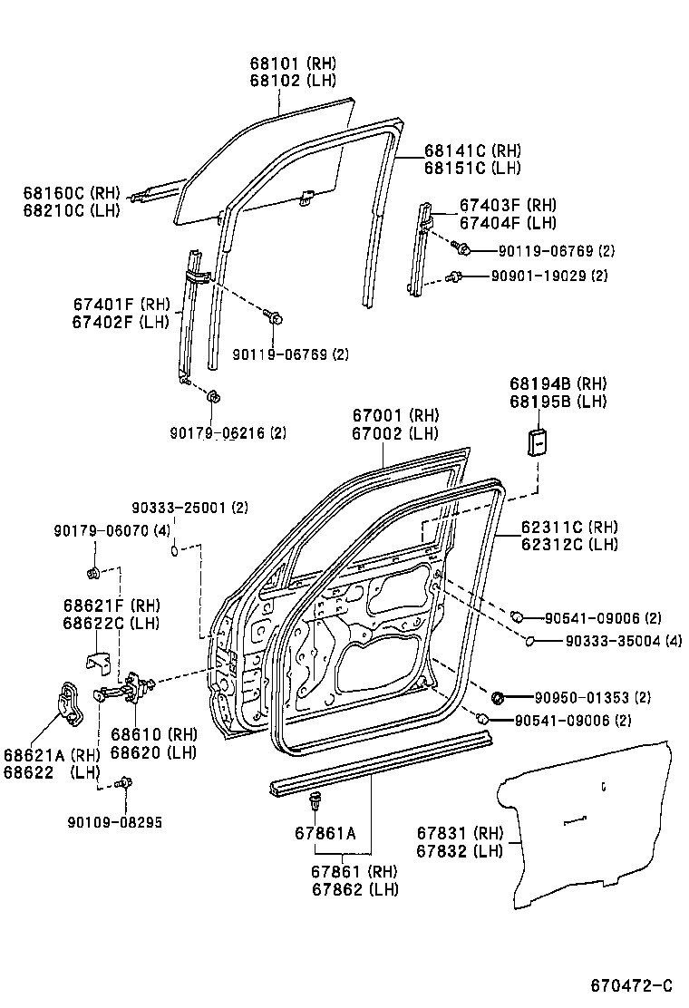 68101-35160 GLASS SUB-ASSY, FRONT DOOR, RH product image