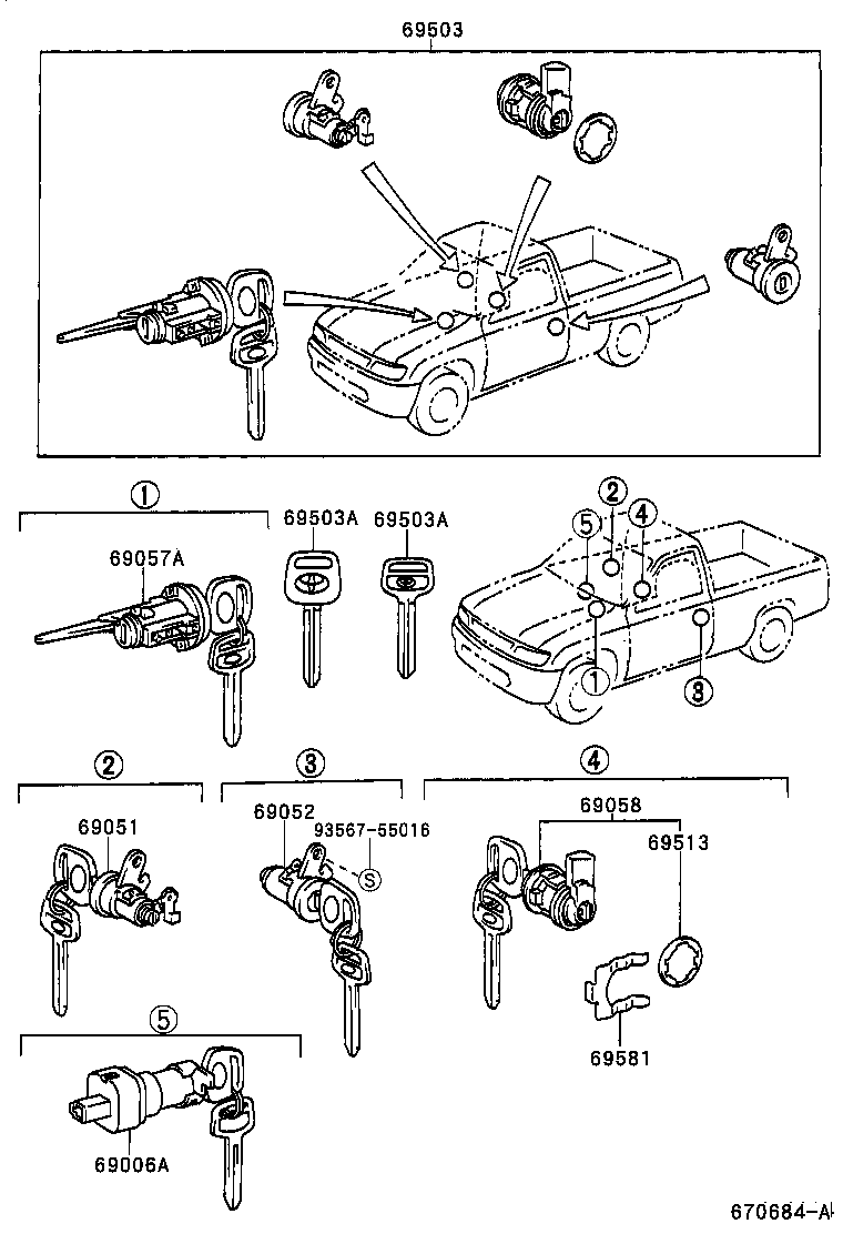 Toyota 69005-35480 CYLINDER SET, LOCK