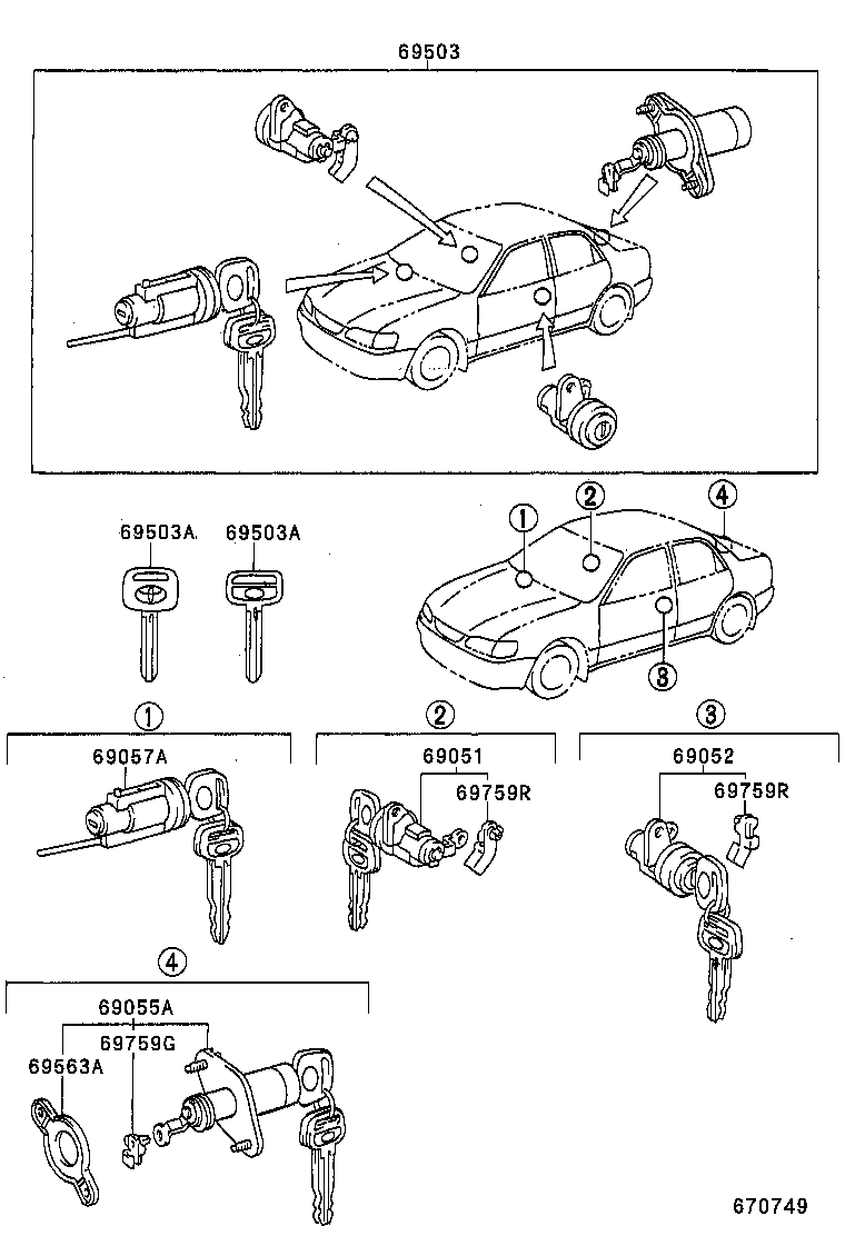 69052-12530 CYLINDER & KEY SET, DOOR LOCK, LH product image
