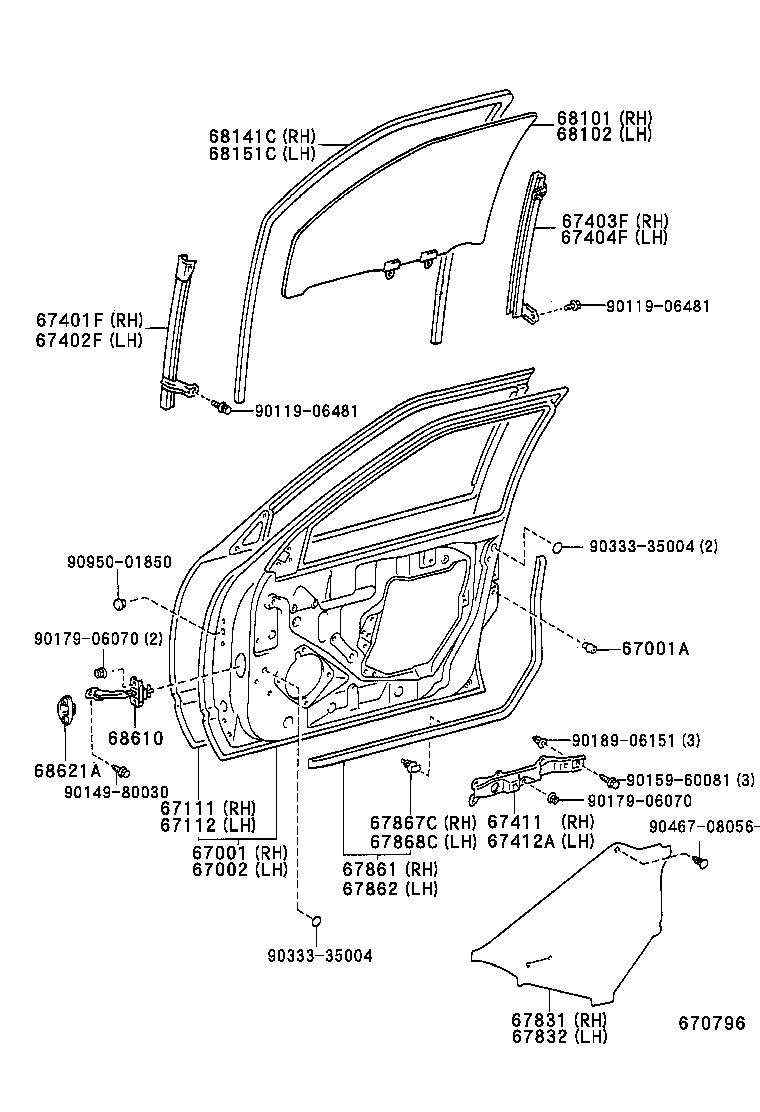 67401-32130 FRAME SUB-ASSY, FRONT DOOR, FRONT LOWER RH product image