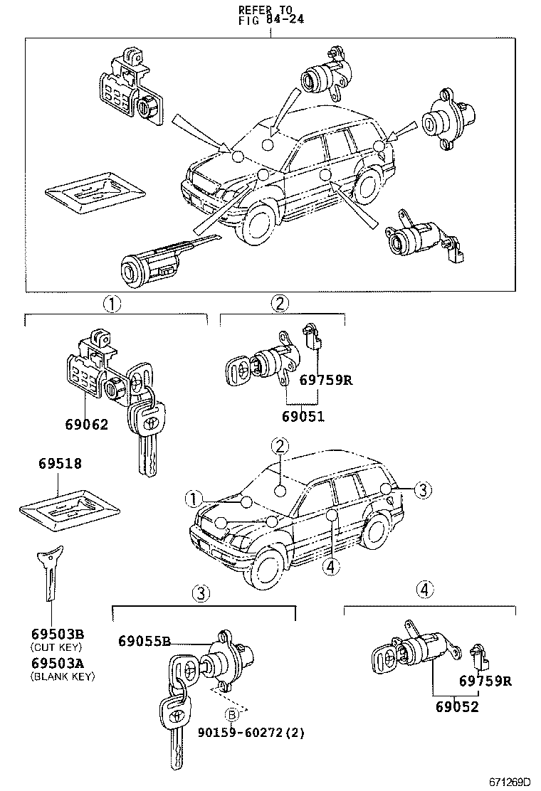 Toyota 69052-60190 CYLINDER & KEY SET, DOOR LOCK, LH