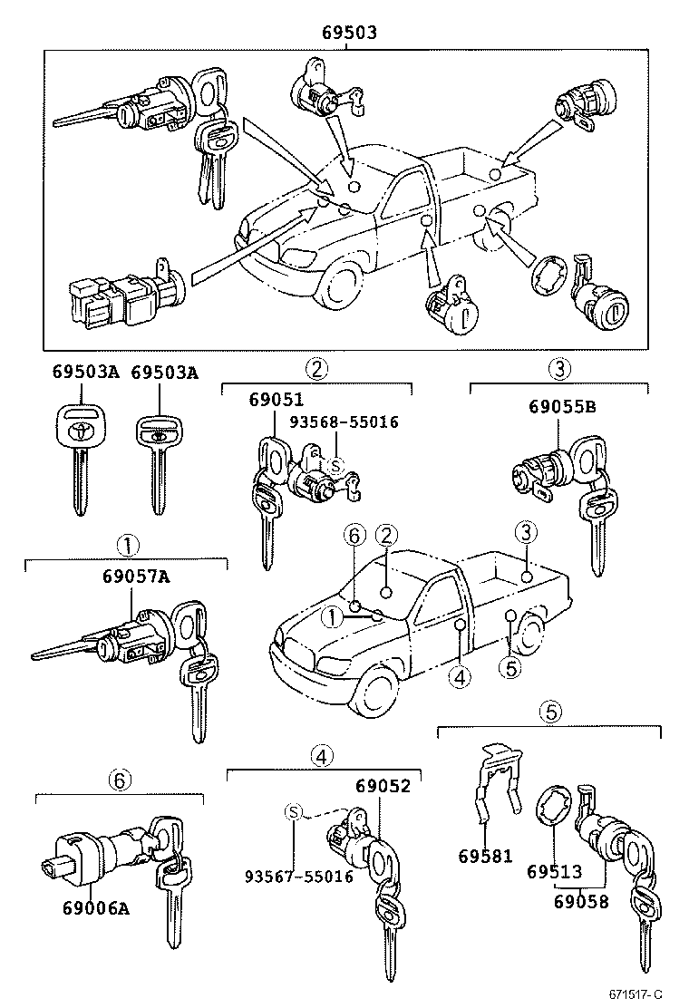 Toyota 69005-34060 CYLINDER SET, LOCK