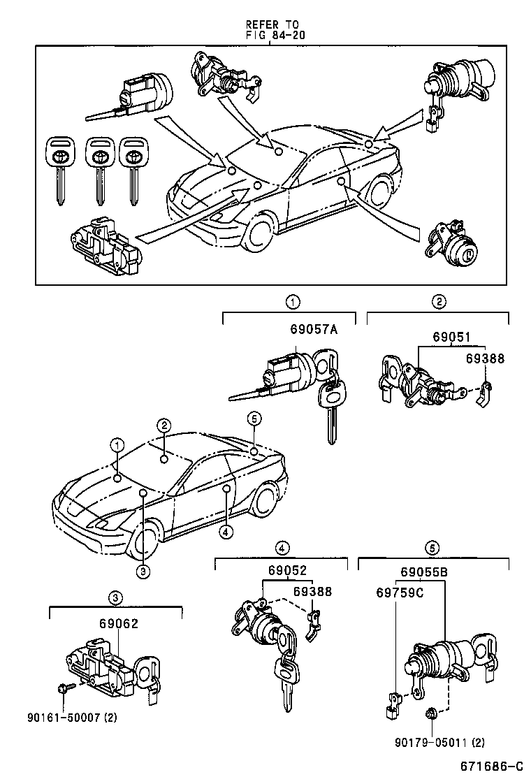 69051-20490 CYLINDER & KEY SET, DOOR LOCK, RH product image