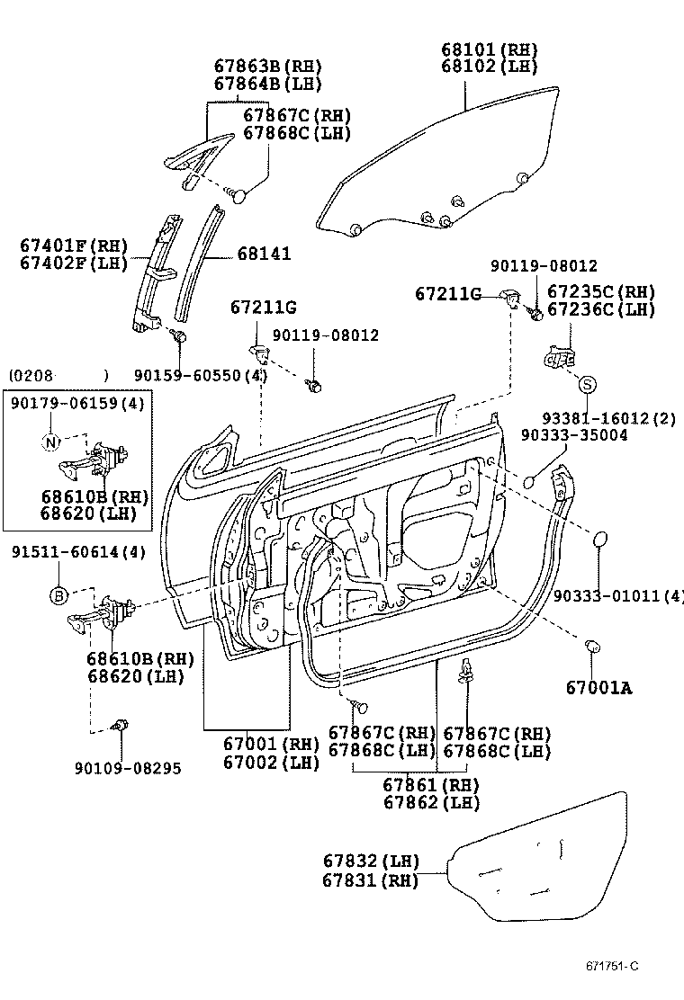 68101-20310 GLASS SUB-ASSY, FRONT DOOR, RH product image