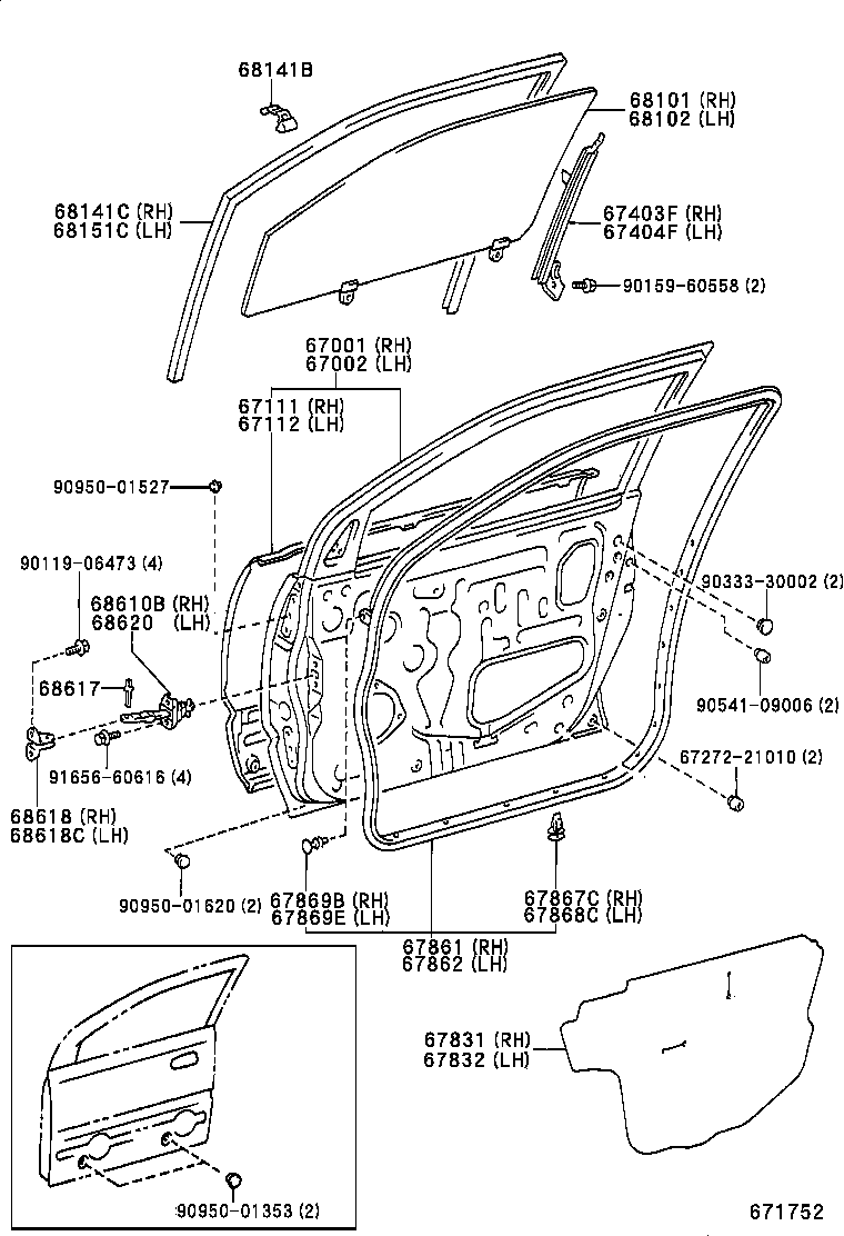 68101-44090 GLASS SUB-ASSY, FRONT DOOR, RH product image