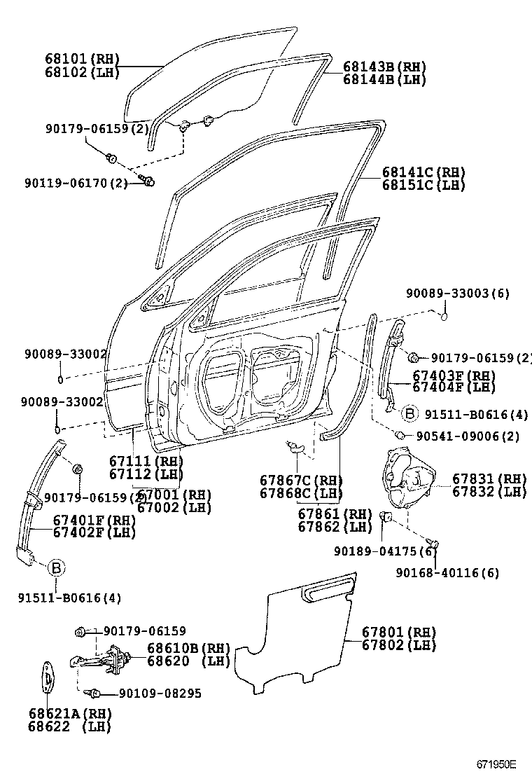 68101-07020 GLASS SUB-ASSY, FRONT DOOR, RH product image