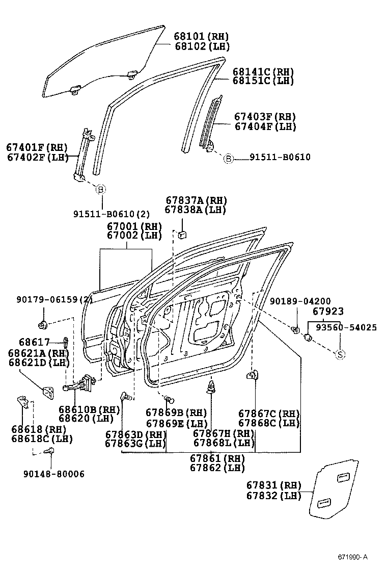 68101-30740 GLASS SUB-ASSY, FRONT DOOR, RH product image
