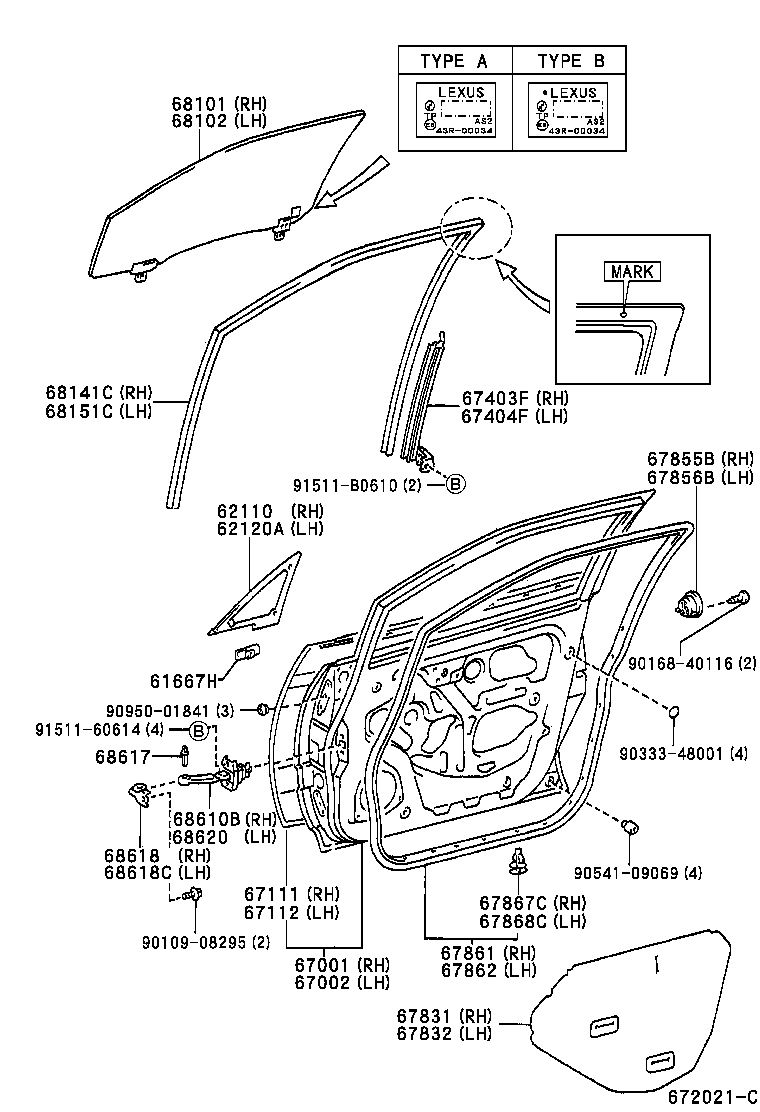 68101-48080 GLASS SUB-ASSY, FRONT DOOR, RH product image