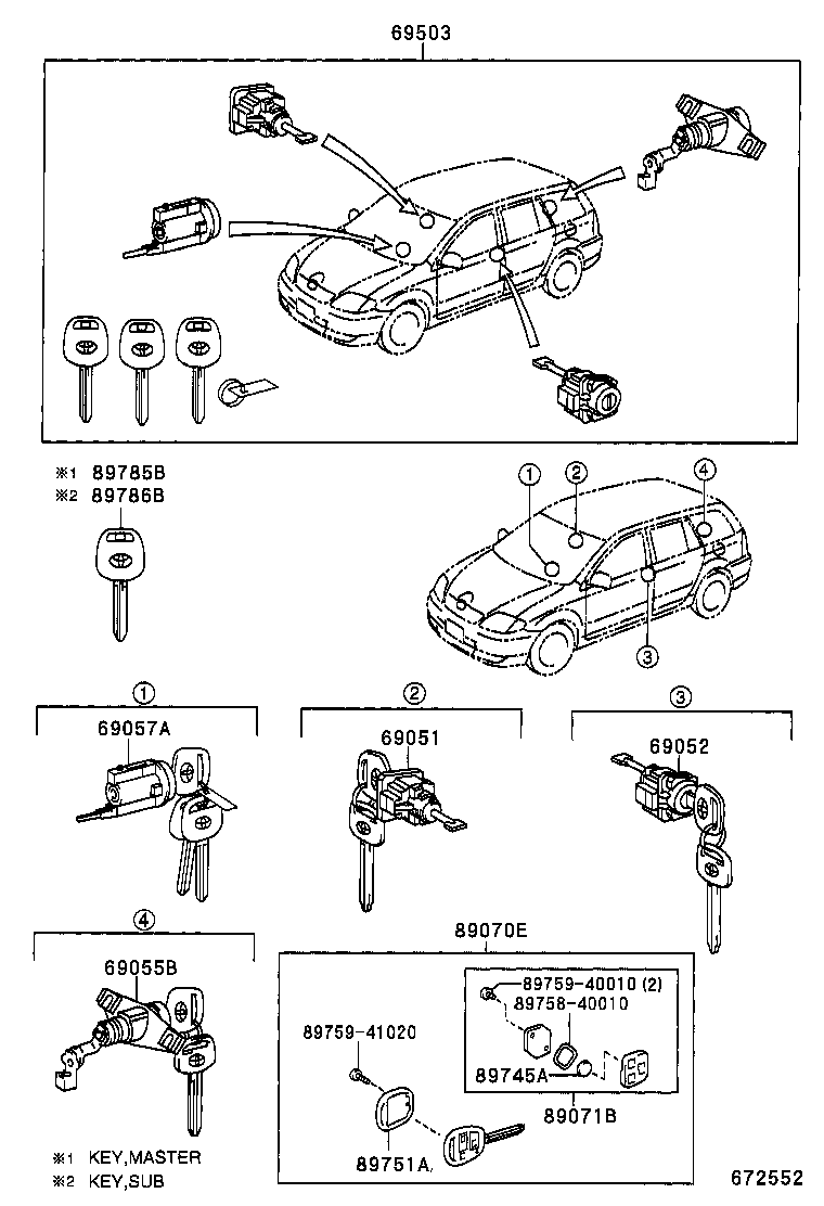 69055-02070 CYLINDER & KEY SET, LUGGAGE COMPARTMENT LOCK product image
