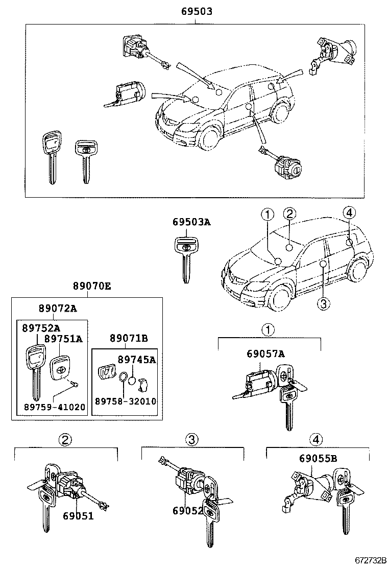 69052-01030 CYLINDER & KEY SET, DOOR LOCK, LH product image