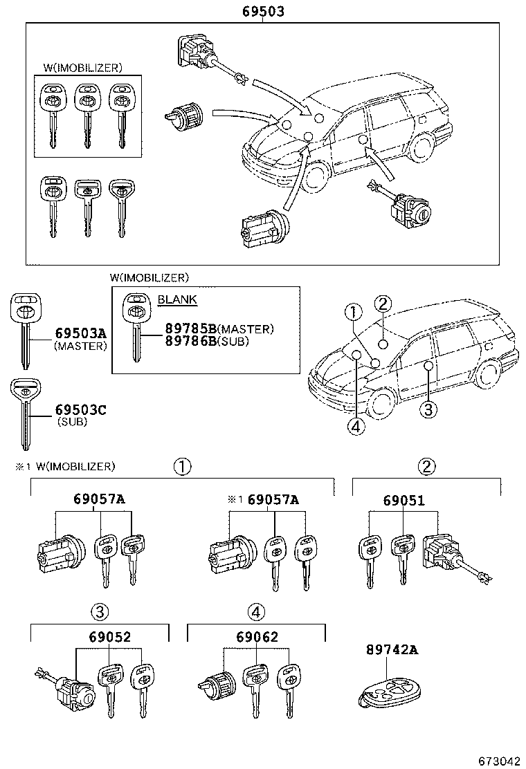 Toyota 69005-AE020 CYLINDER SET, LOCK