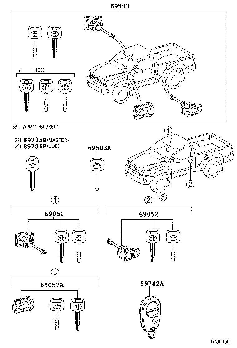 Toyota 69005-04150 CYLINDER SET, LOCK