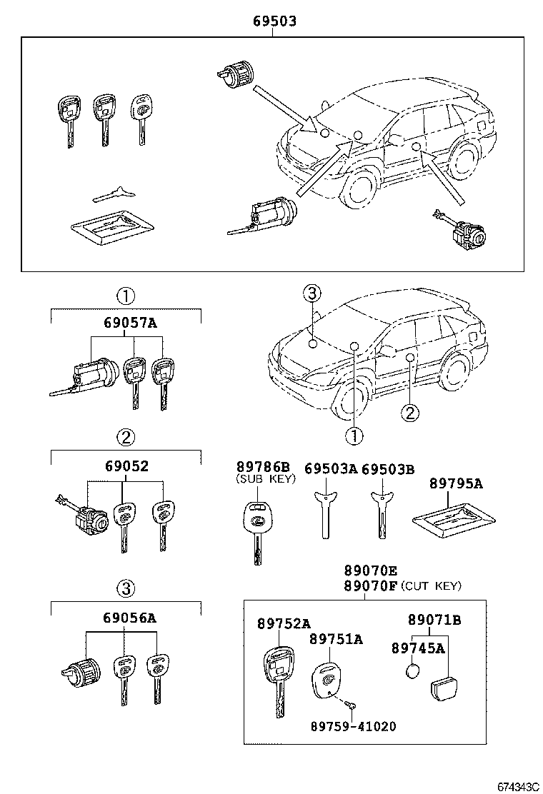 Toyota 69005-0E011 CYLINDER SET, LOCK
