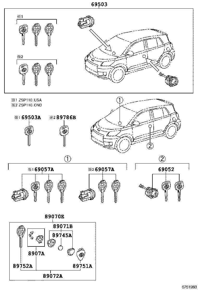 Toyota 69005-52P20 CYLINDER SET, LOCK