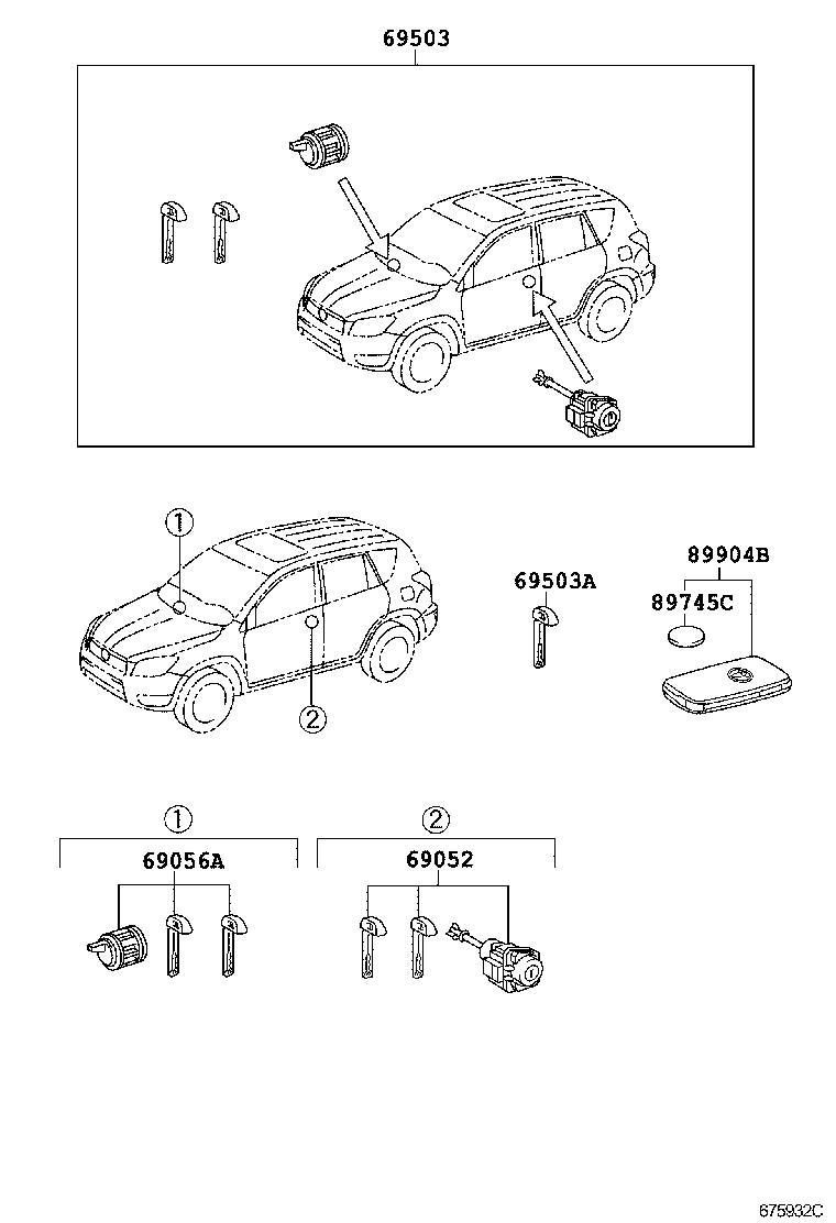 Toyota 69005-0R021 CYLINDER SET, LOCK