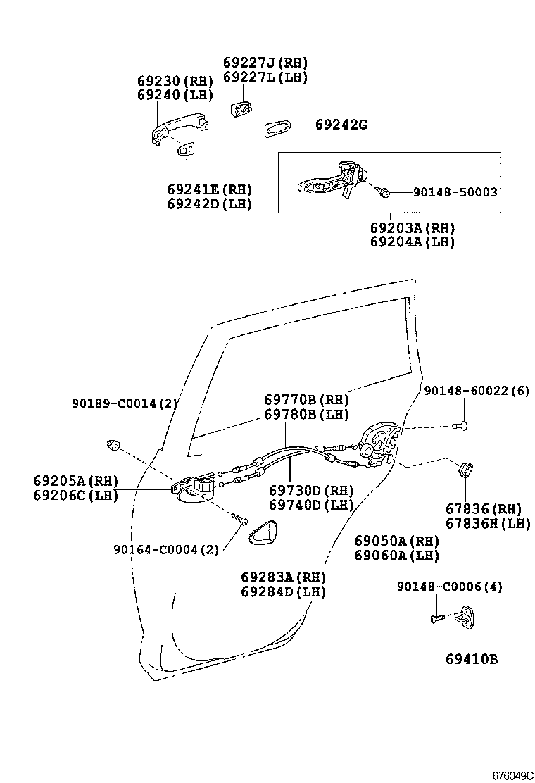 69203-0R020 FRAME SUB-ASSY, REAR DOOR OUTSIDE HANDLE, RH product image