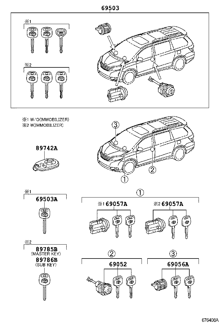 Toyota 69005-08040 CYLINDER SET, LOCK