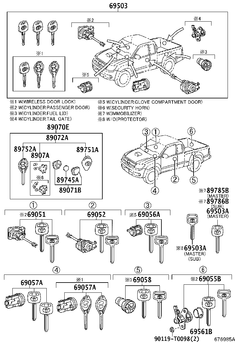 Toyota 69005-0K870 CYLINDER SET, LOCK