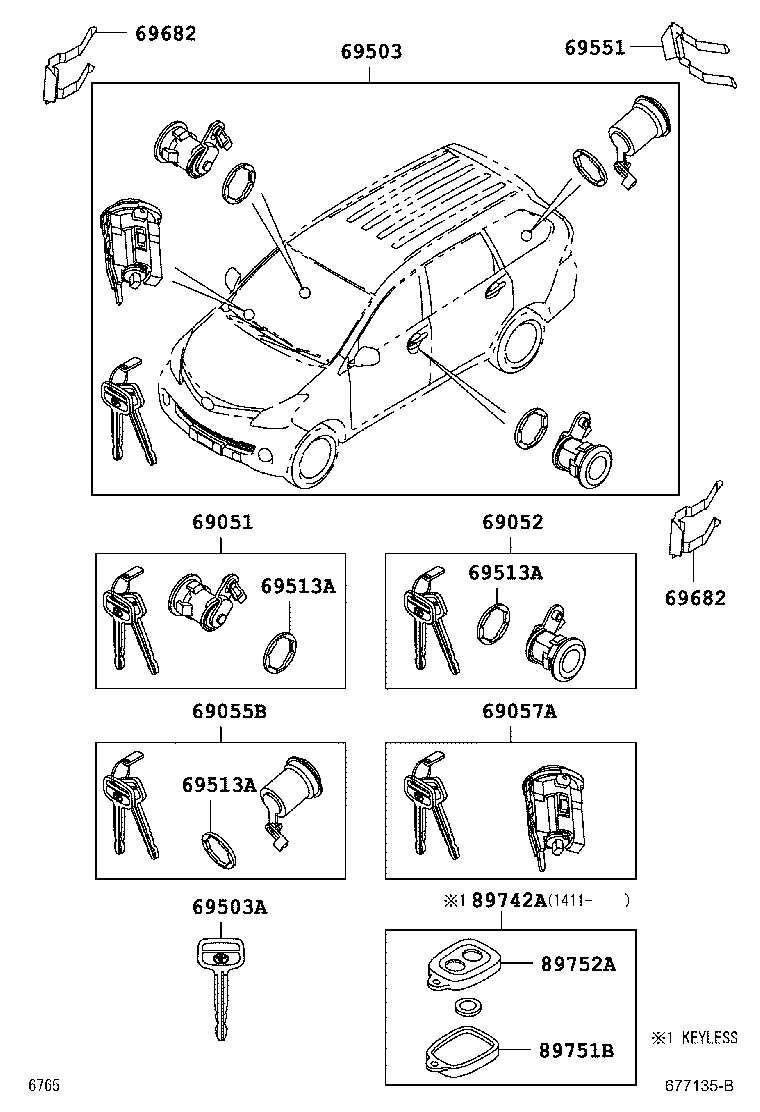 Toyota 69005-BZ620 CYLINDER SET, LOCK