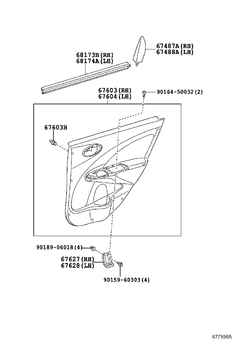 67487-0D080 GARNISH, REAR DOOR REAR GUIDE BRACKET, RH product image