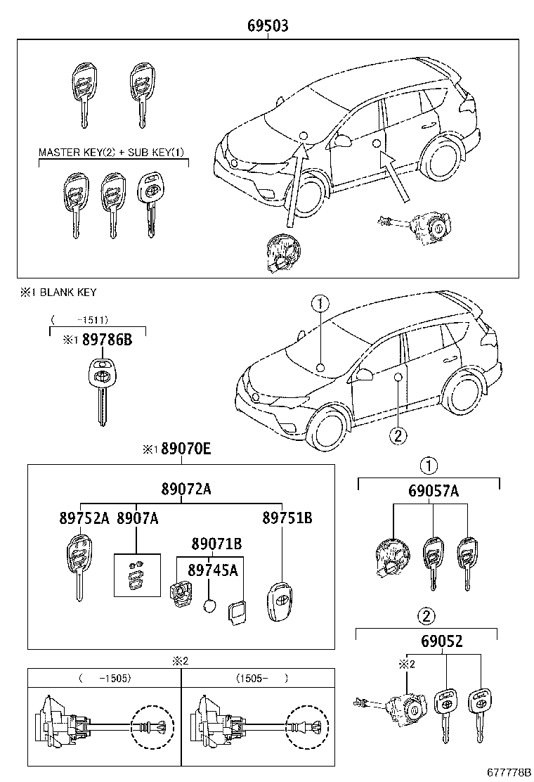 Toyota 69005-0R050 CYLINDER SET, LOCK