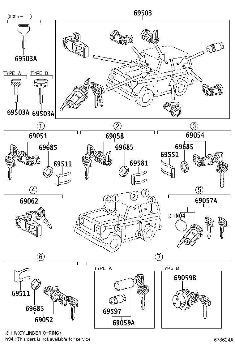 Toyota 69005-60850 CYLINDER SET, LOCK