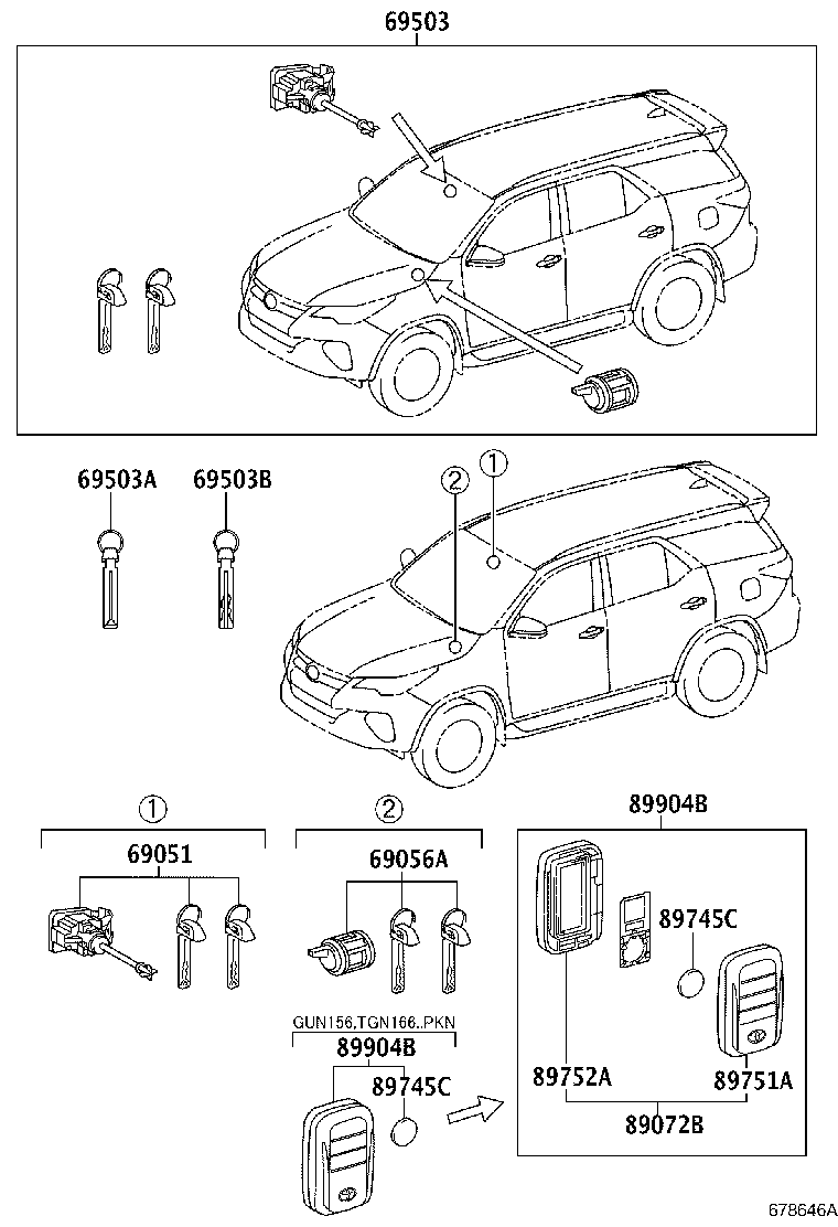69052-0K080 CYLINDER & KEY SET, DOOR LOCK, LH product image