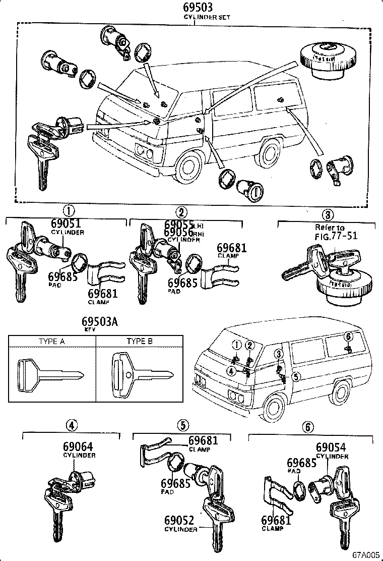 69052-95401 CYLINDER & KEY SET, DOOR LOCK, LH product image