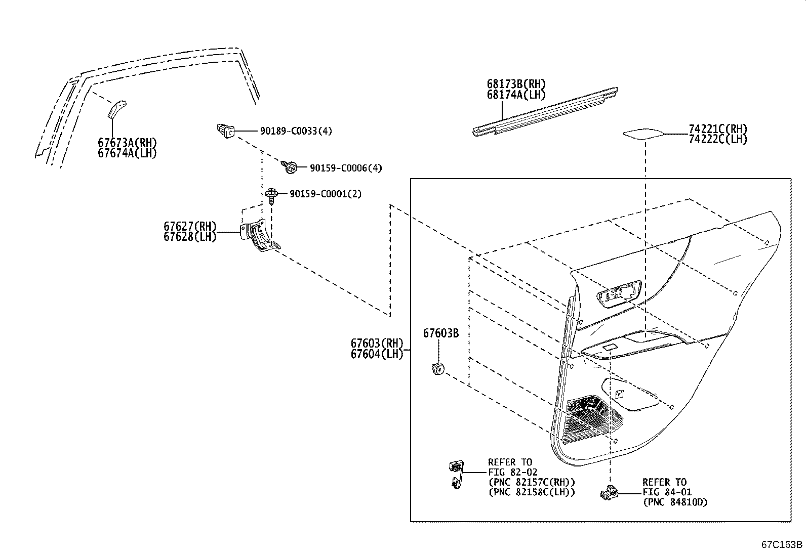 67674-0E080 GARNISH, REAR DOOR FRAME, LH product image
