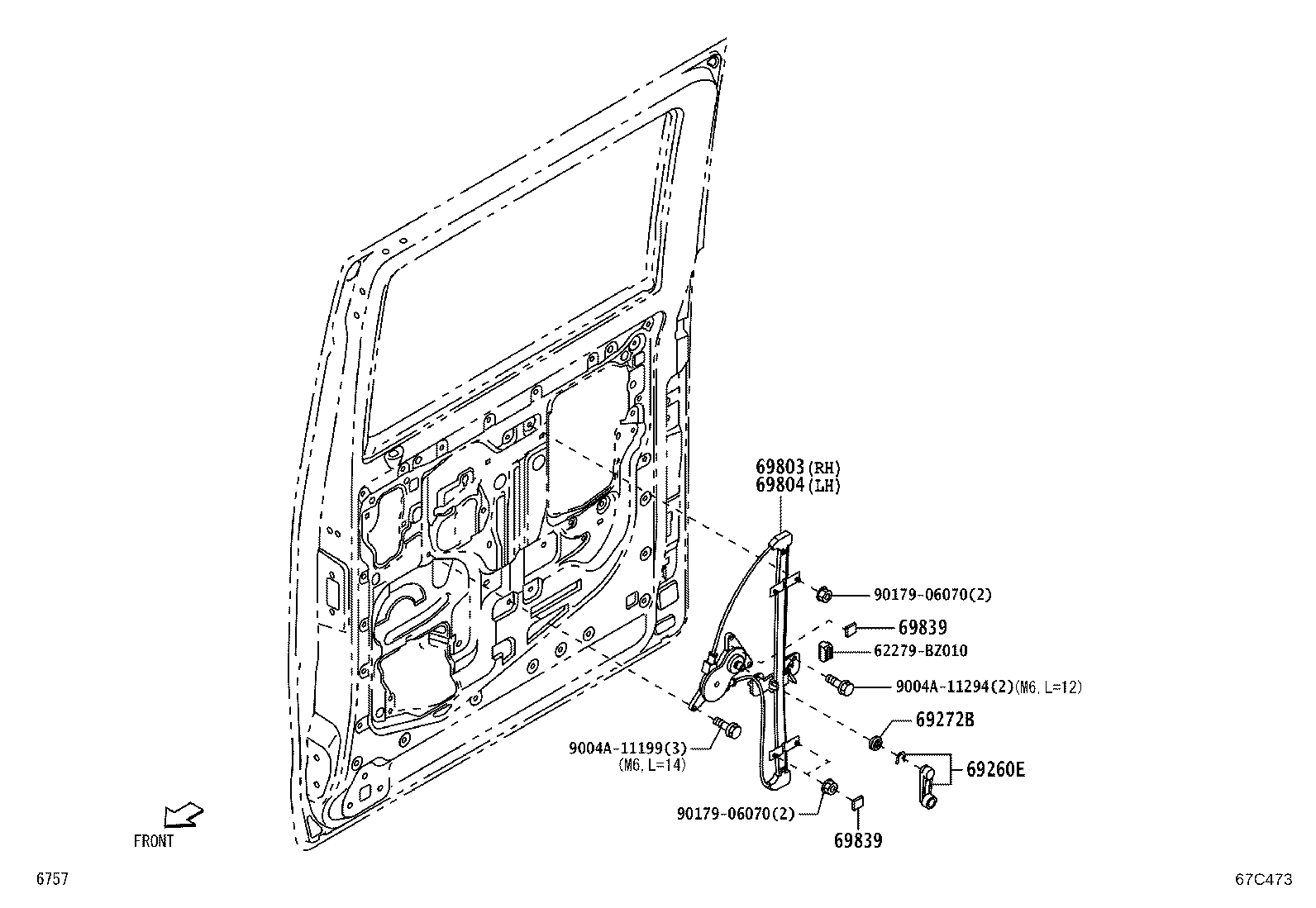 69840-BZ030 REGULATOR SUB-ASSY, REAR DOOR WINDOW, LH product image