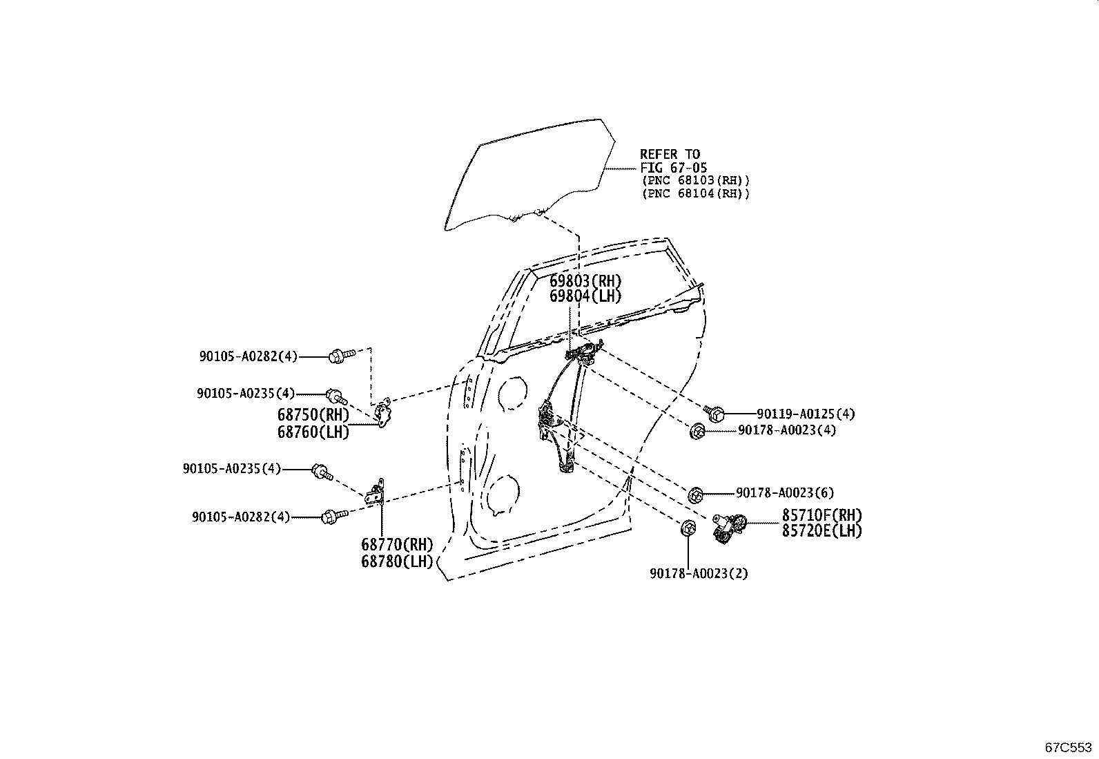 69804-0E050 REGULATOR SUB-ASSY, REAR DOOR WINDOW, LH product image