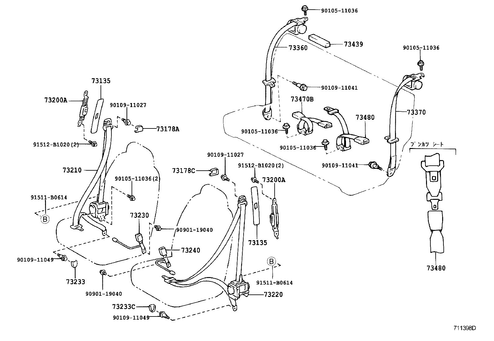 73480-52111-A0 BELT ASSY, REAR SEAT INNER W/CENTER, LH product image