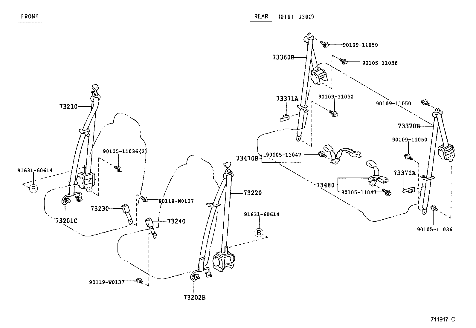 Toyota 73220-0D032-C5 BELT ASSY, FRONT SEAT OUTER, LH