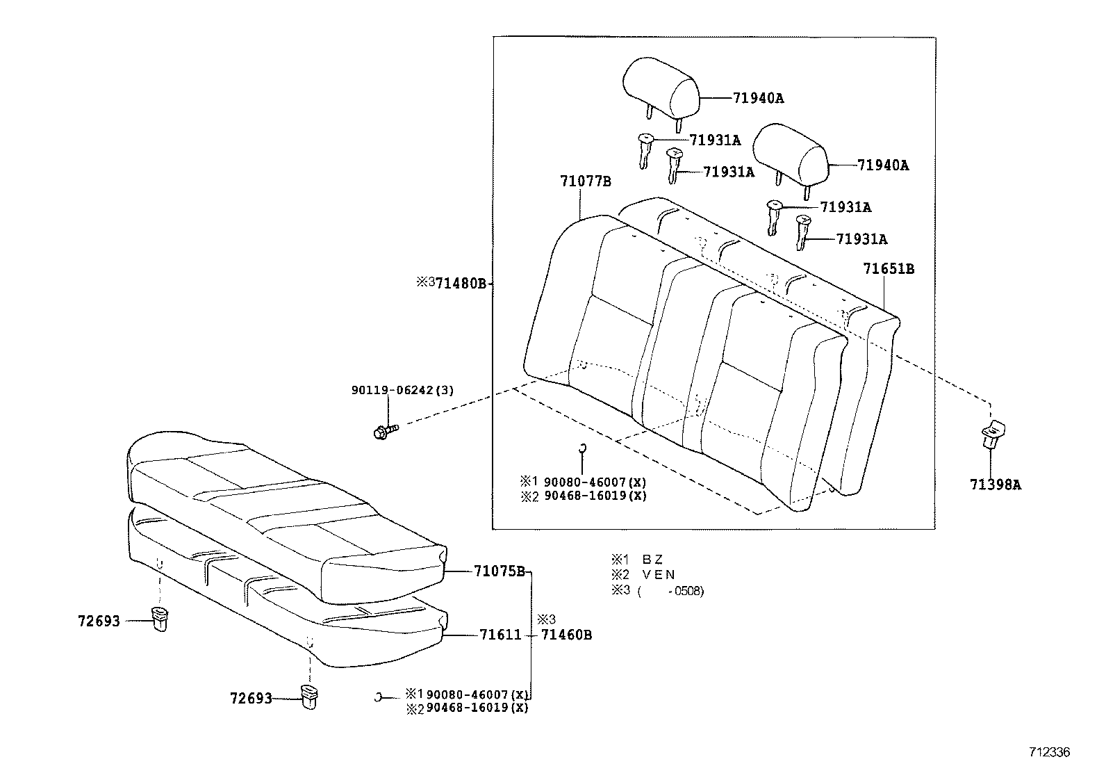 71015-02110 FRAME SUB-ASSY, REAR SEAT CUSHION, RH product image