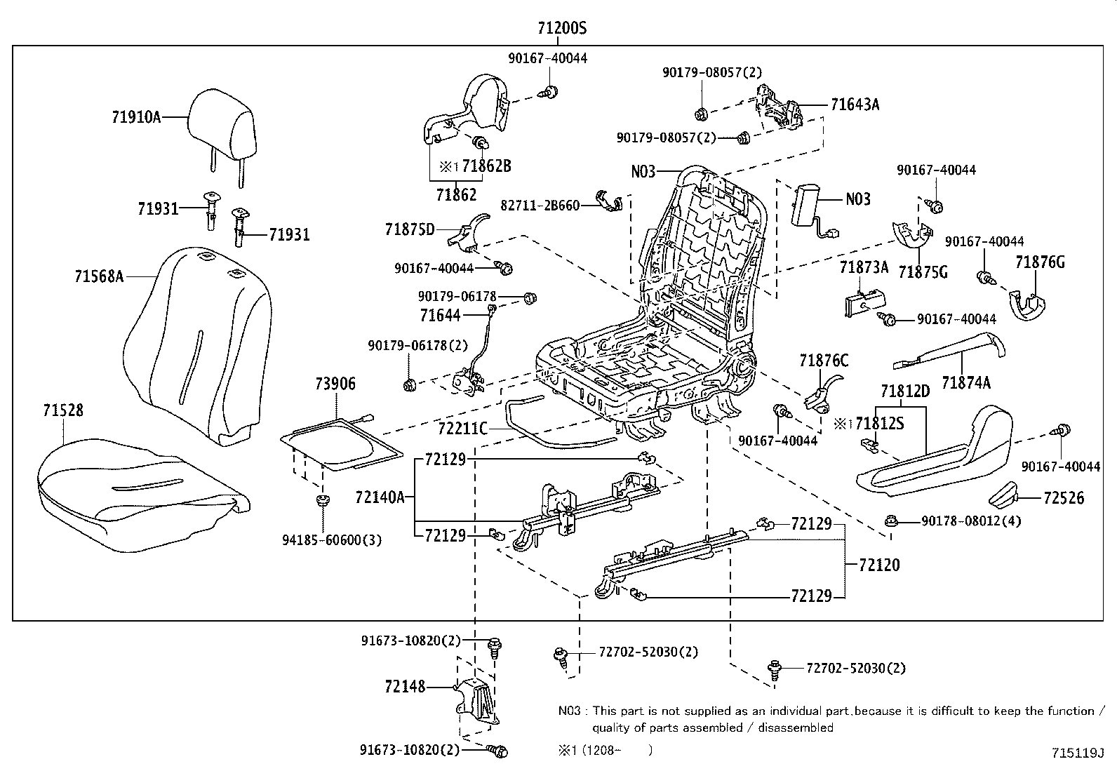Toyota 71518-52U30-B0 PAD, FRONT SEAT CUSHION W/COVER, RH