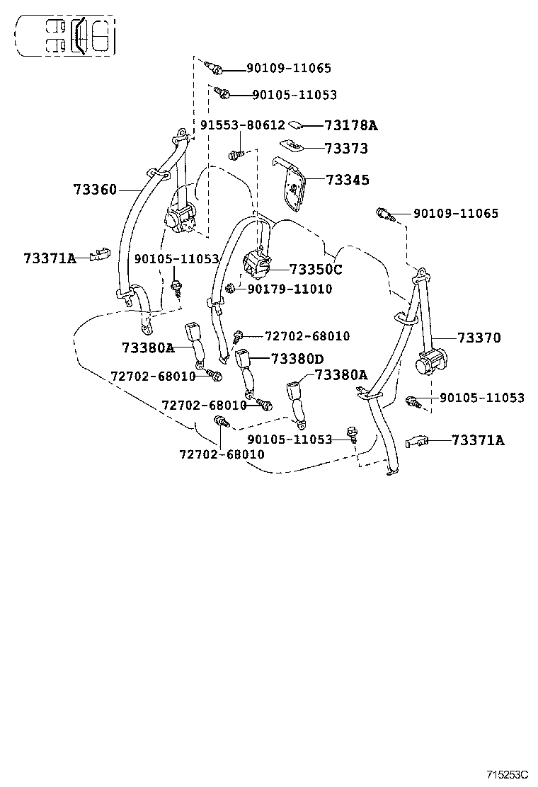 73370-72020-B2 BELT ASSY, REAR SEAT 3 POINT TYPE, OUTER LH product image