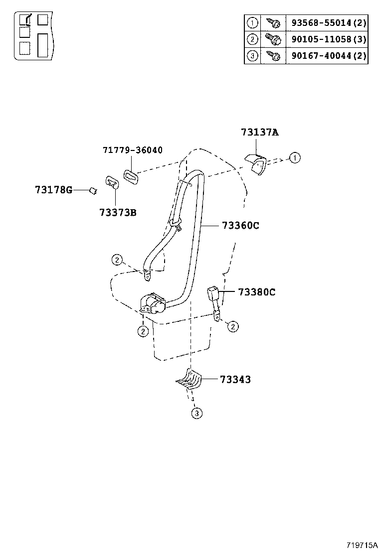 73380-0S050-A2 BELT ASSY, REAR SEAT 3 POINT TYPE, RH product image