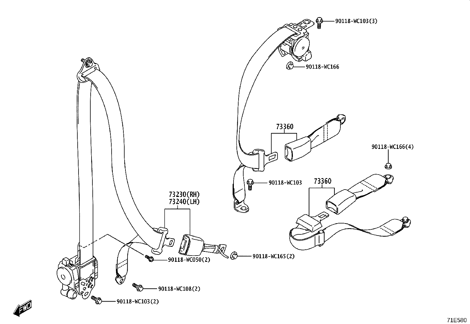 73360-WC021 BELT ASSY, REAR SEAT 3 POINT TYPE, OUTER RH product image