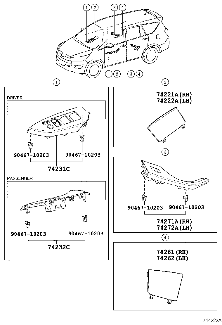 74272-0K290 PANEL, REAR DOOR ARMREST BASE, UPPER LH product image