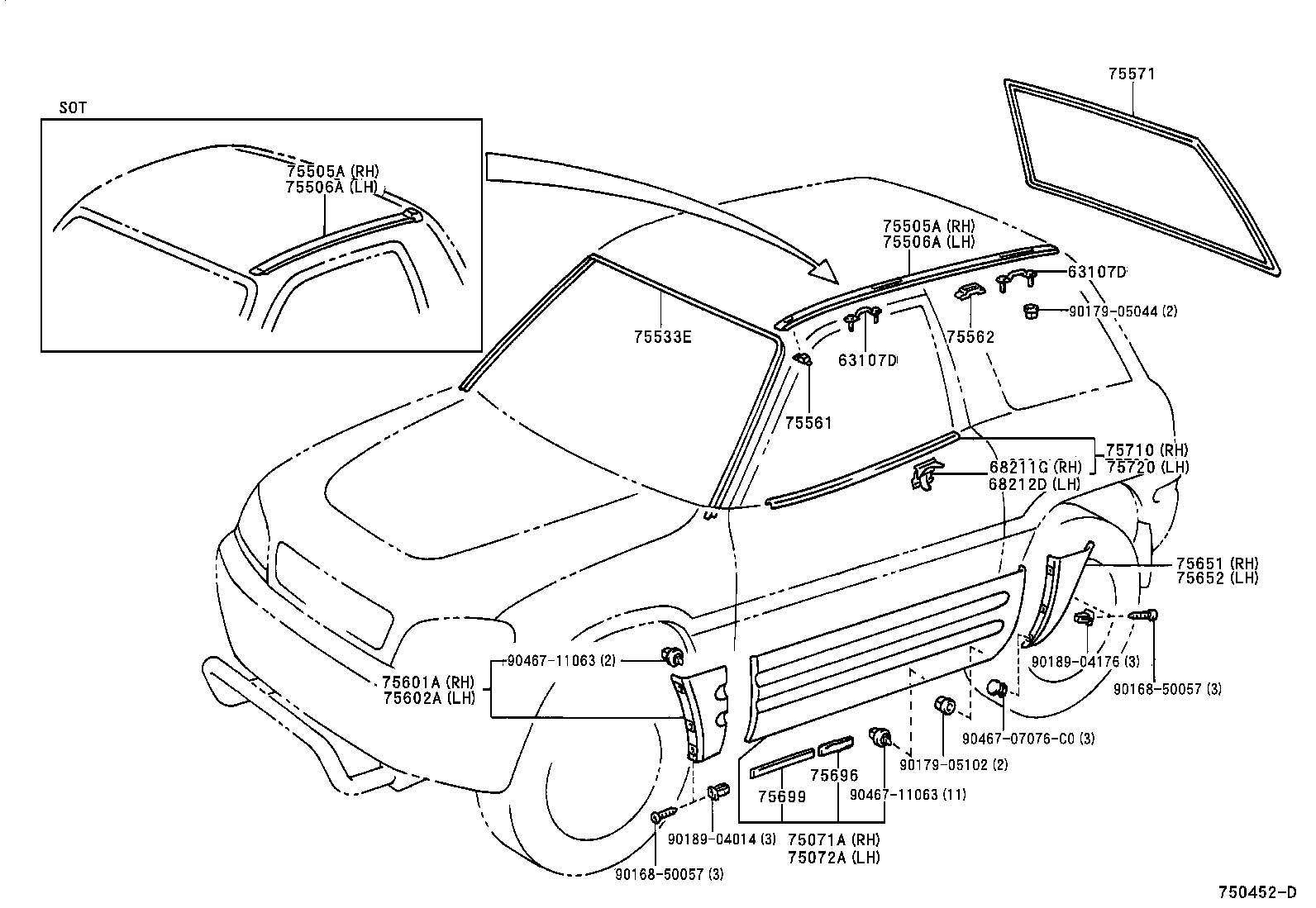 Toyota 75602-42900 MOULDING SUB-ASSY, FRONT FENDER, LH