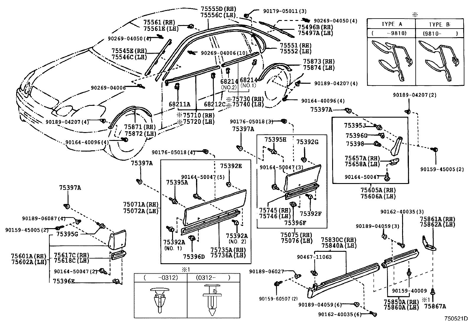 Toyota 75602-30100-J3 MOULDING SUB-ASSY, FRONT FENDER, LH