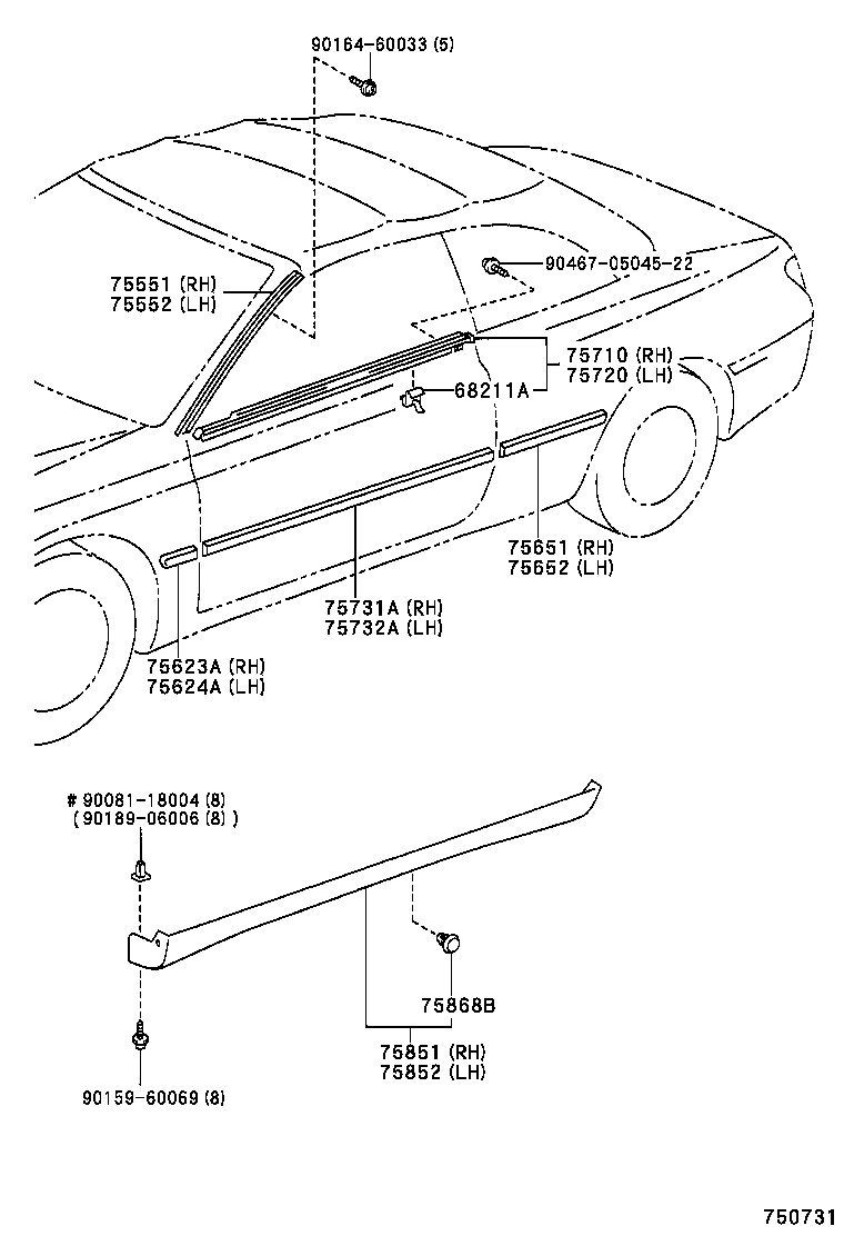 62372-06010 RETAINER, ROOF SIDE RAIL WEATHER STRIP, REAR LH product image