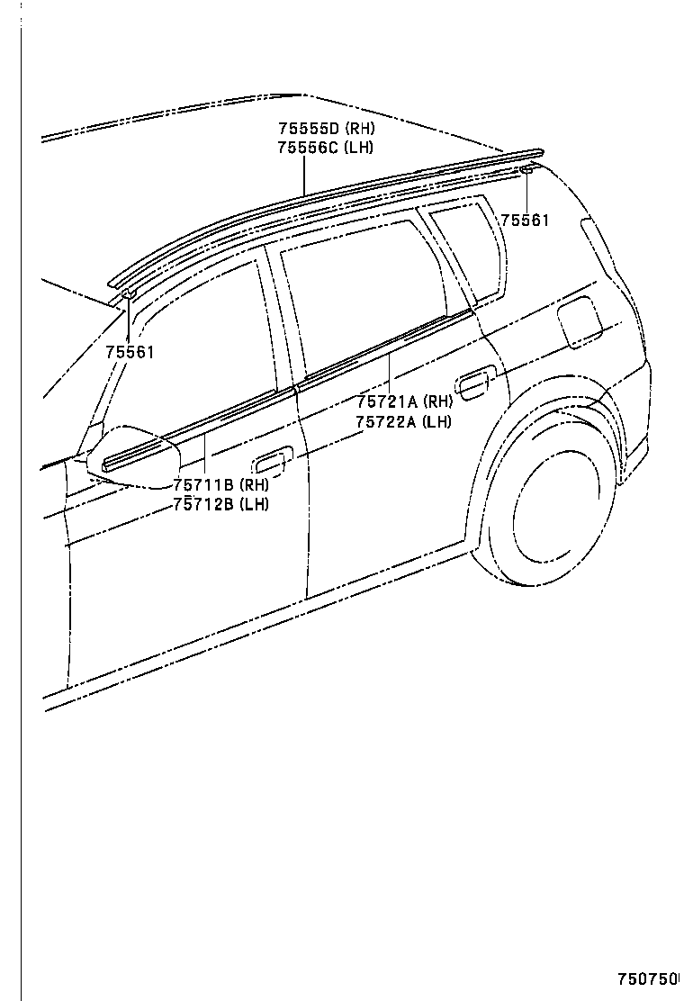 75556-63010 MOULDING, ROOF DRIP SIDE FINISH, CENTER LH product image