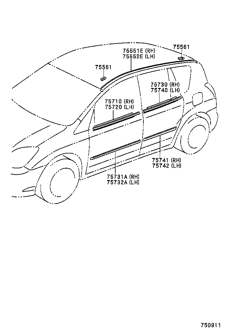 75552-13160 MOULDING, ROOF DRIP SIDE FINISH, LH product image