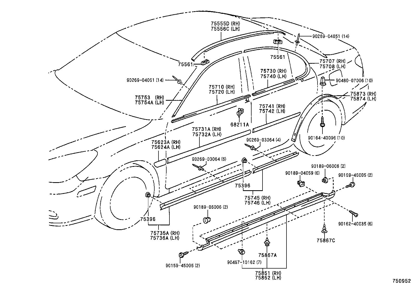 75740-33110 MOULDING ASSY, REAR DOOR BELT, LH product image